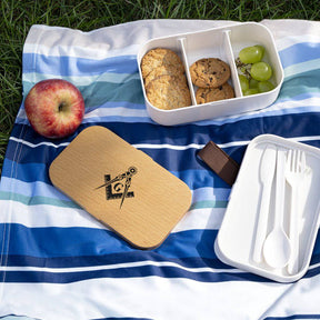 Master Mason Blue Lodge Lunch Box - Square & Compass G Wooden Lid - Bricks Masons