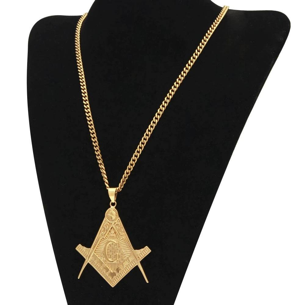 Master Mason Blue Lodge Necklace - All Seeing Eye Square and Compass G 316L Stainless Steel - Bricks Masons
