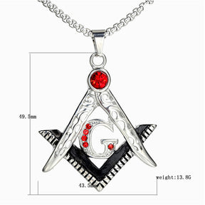 Master Mason Blue Lodge Pendant - Silver Stainless Steel Red Gemstone Square & Compass G - Bricks Masons