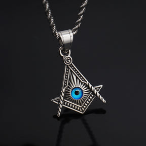 Master Mason Blue Lodge Pendant - Silver Titanium Steel Blue All Seeing Eye - Bricks Masons