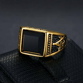 Master Mason Blue Lodge Ring - Black Stone Titanium Gold & Silver Color - Bricks Masons