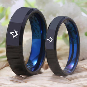 Master Mason Blue Lodge Ring - Black With Blue Tungsten Personalizable - Bricks Masons