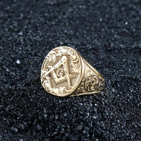 Master Mason Blue Lodge Ring - Square Compass G Motif Gold Color - Bricks Masons