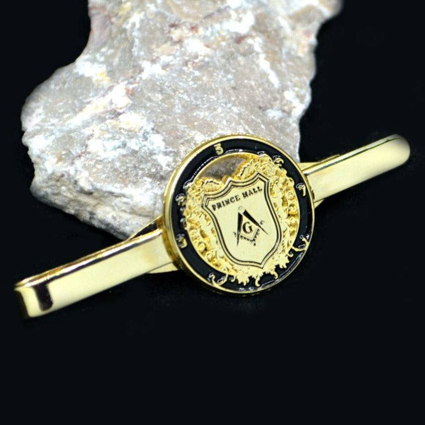 Master Mason Blue Lodge Tie Bar - Square and Compass G Golden Prince Hall Shield - Bricks Masons