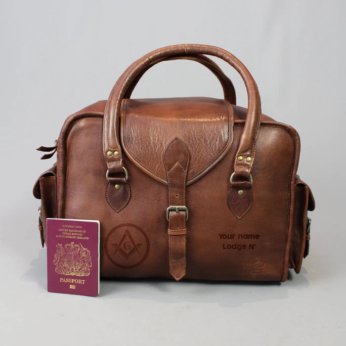 Master Mason Blue Lodge Travel Bag - Vintage Brown Leather - Bricks Masons