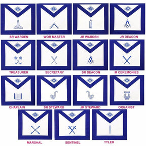 Officers Blue Lodge Officer Apron Set - Royal Blue Ribbon Machine Embroidery (Set of 15) - Bricks Masons