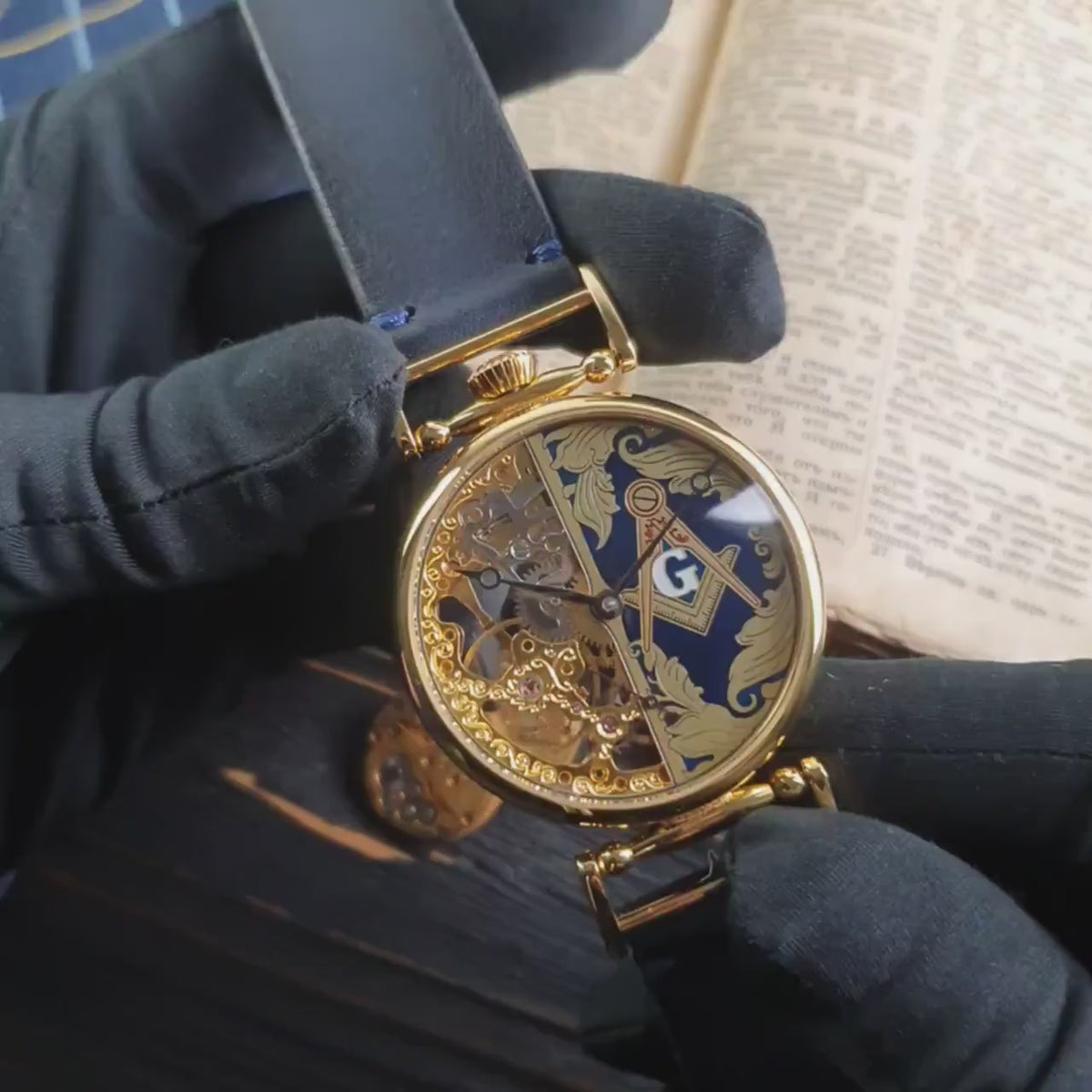 Master Mason Blue Lodge Wristwatch - Gold Skeleton Dial Intricate Detailing