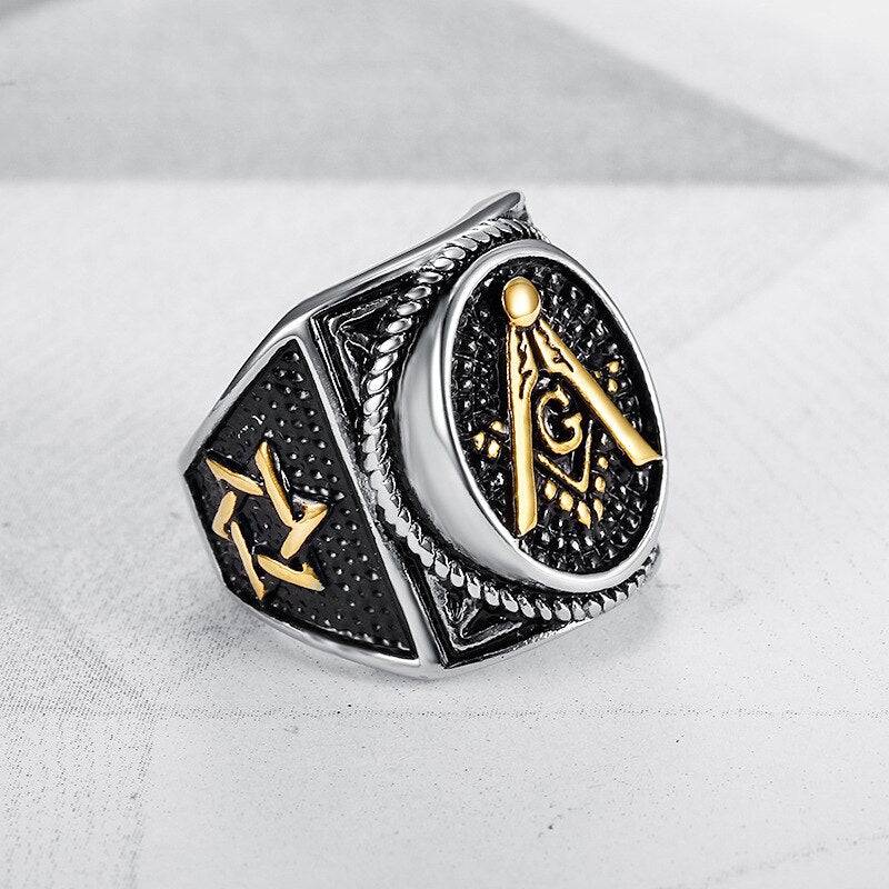 Master Mason Blue Lodge Ring - Square & Compass G Silver Stainless Steel