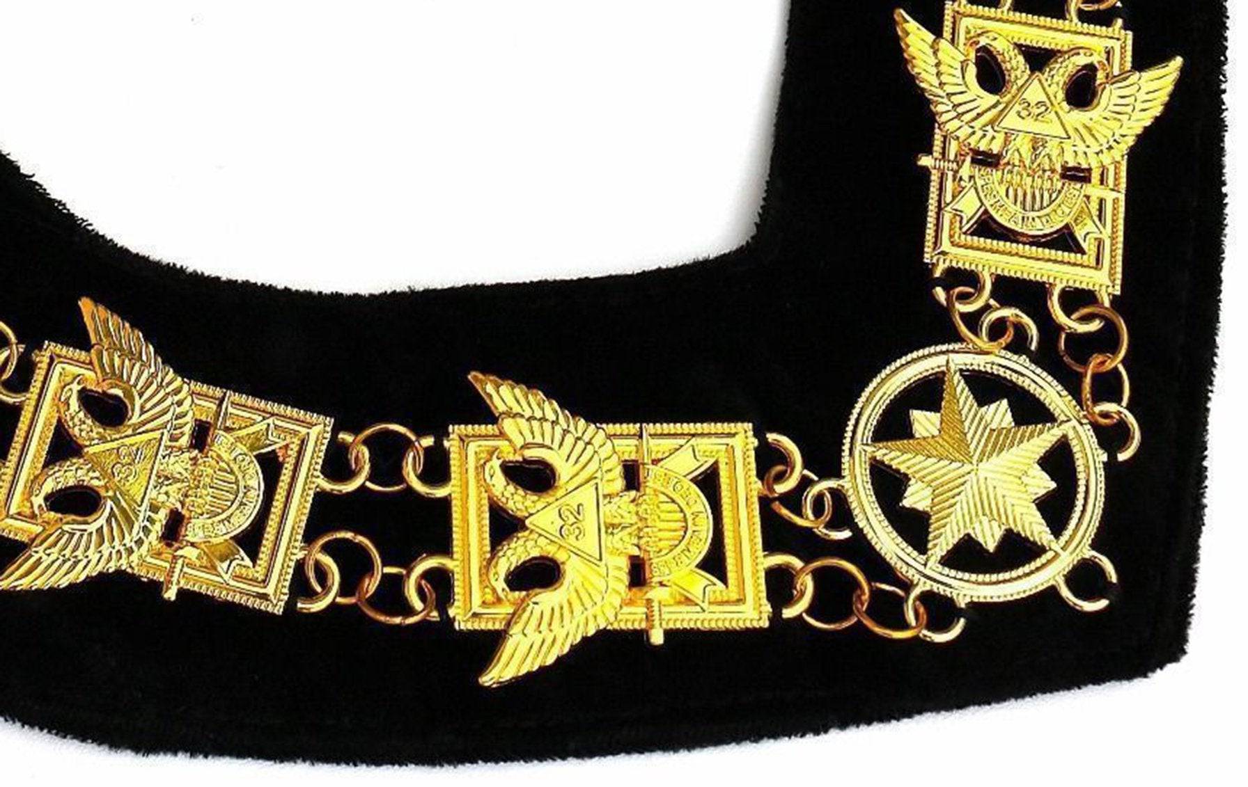 32nd Degree Scottish Rite Chain Collar - Wings Up Gold Plated on Black Velvet