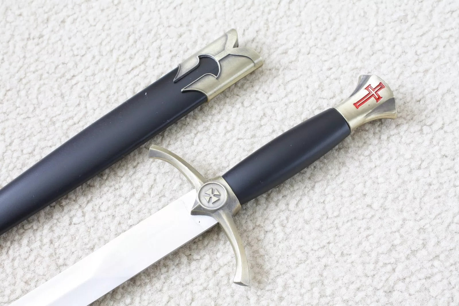 Knights Templar Sword - Brass Medieval Red Cross Crusader With Black Scabbard (15.4") - Bricks Masons