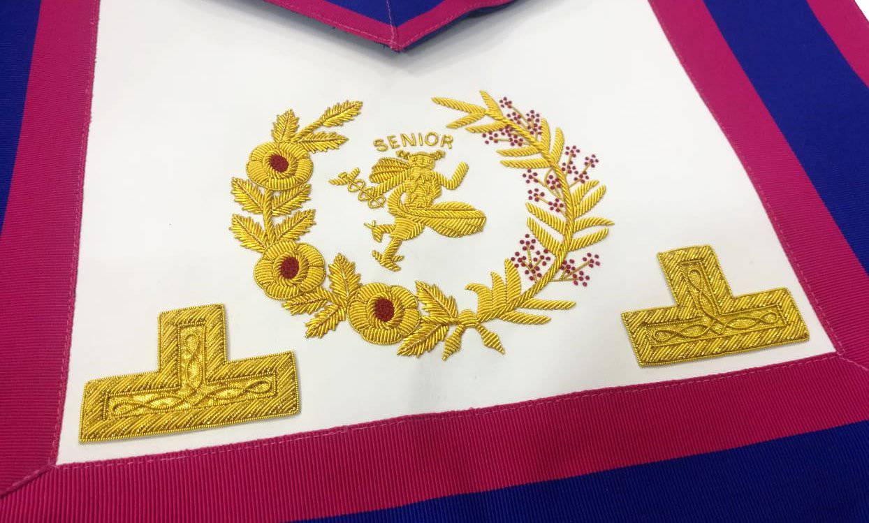 Senior Deacon Mark Apron - Blue & Pink with Gold Hermes Emblem - Bricks Masons