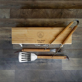 Grand Master Blue Lodge Grill Tool - BBQ Set & Bamboo Case - Bricks Masons