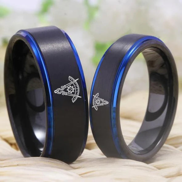 Past Master Blue Lodge California Regulation Ring - Black Blue Tungsten - Bricks Masons