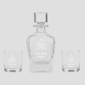 32nd Degree Scottish Rite Decanter - Stopper & 2 Tumbler Glasses Set - Bricks Masons