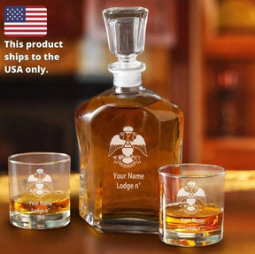 33rd Degree Scottish Rite Decanter - Wings Down 2 Whiskey Tumbler Glasses Set - Bricks Masons