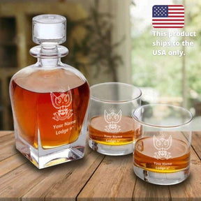 33rd Degree Scottish Rite  Decanter - Wings Up Stopper & 2 Tumbler Glasses Set - Bricks Masons