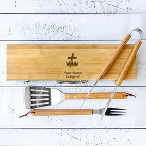 Knights Templar Commandery Grill Tool - BBQ Set & Bamboo Case - Bricks Masons