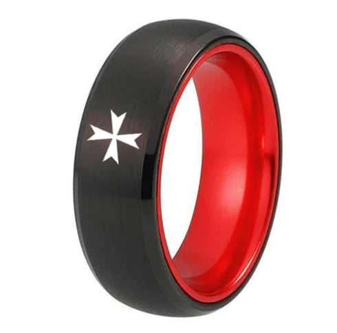 Order of Malta Commandery Ring - Black Tungsten With Red Aluminum Inlay - Bricks Masons