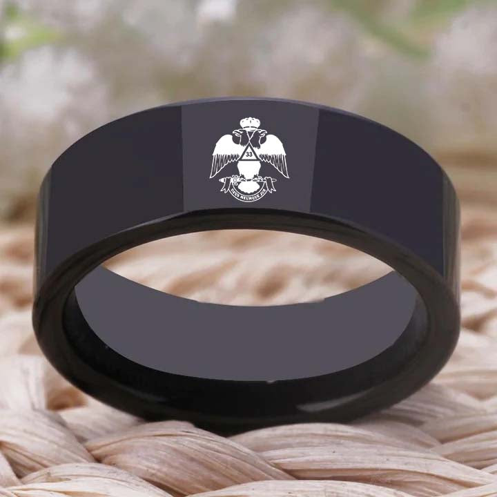 33rd Degree Scottish Rite Ring - Wings Down Black Tungsten - Bricks Masons