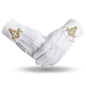 Master Mason Blue Lodge Glove - Pure Cotton Gold Square & Compass G - Bricks Masons