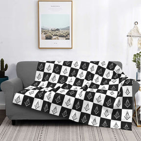 Master Mason Blue Lodge Blanket - Checkered Square and Compass G Coral Fleece - Bricks Masons