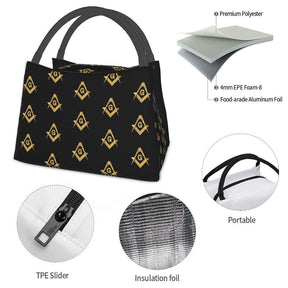 Master Mason Blue Lodge Lunch Bag - Golden Black Square and Compass G Thermal Insulated - Bricks Masons