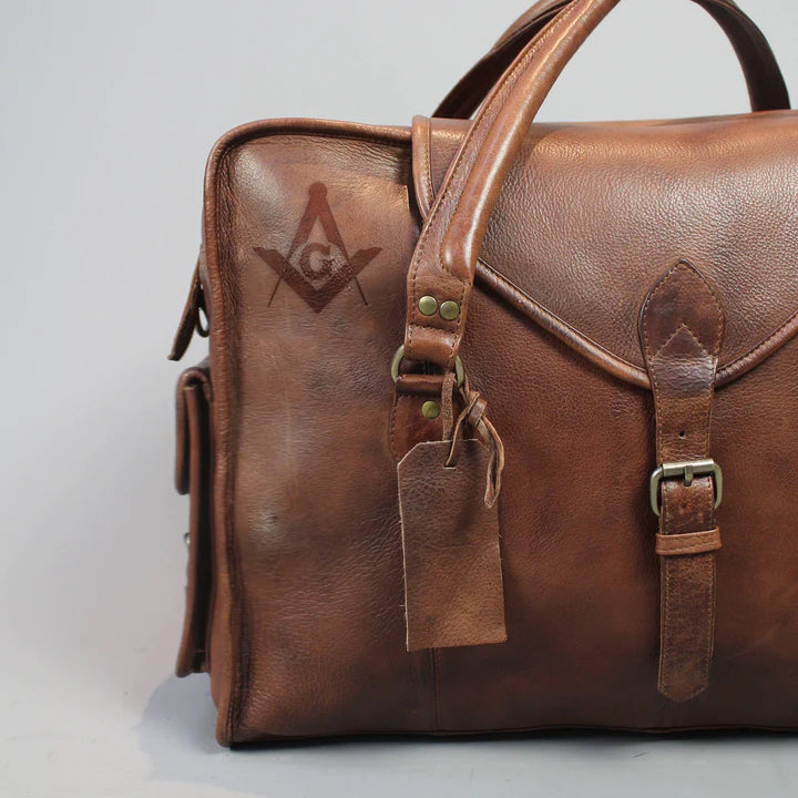 Master Mason Blue Lodge Travel Bag - Handmade Genuine Leather - Bricks Masons
