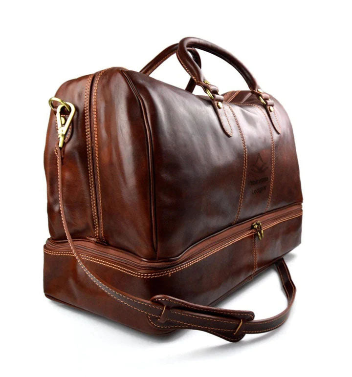 Past Master Blue Lodge Travel Bag - Genuine Light Brown Leather - Bricks Masons