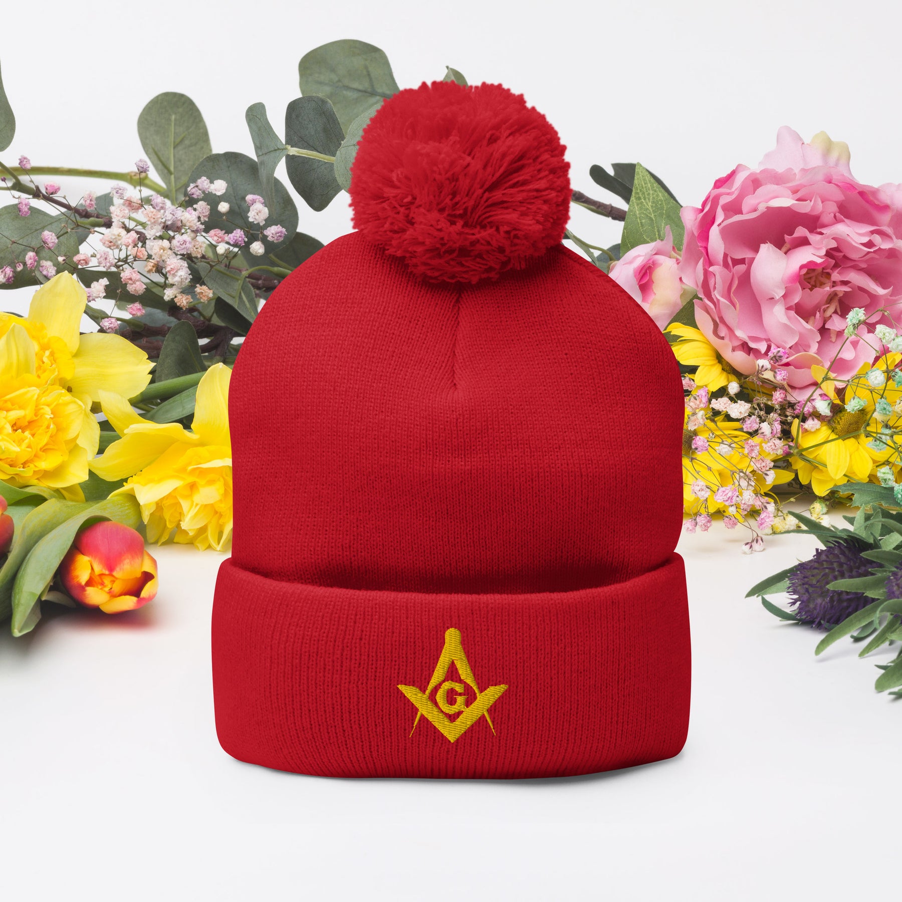 Master Mason Blue Lodge Beanie - Pom Pom in Red for Christmas - Bricks Masons