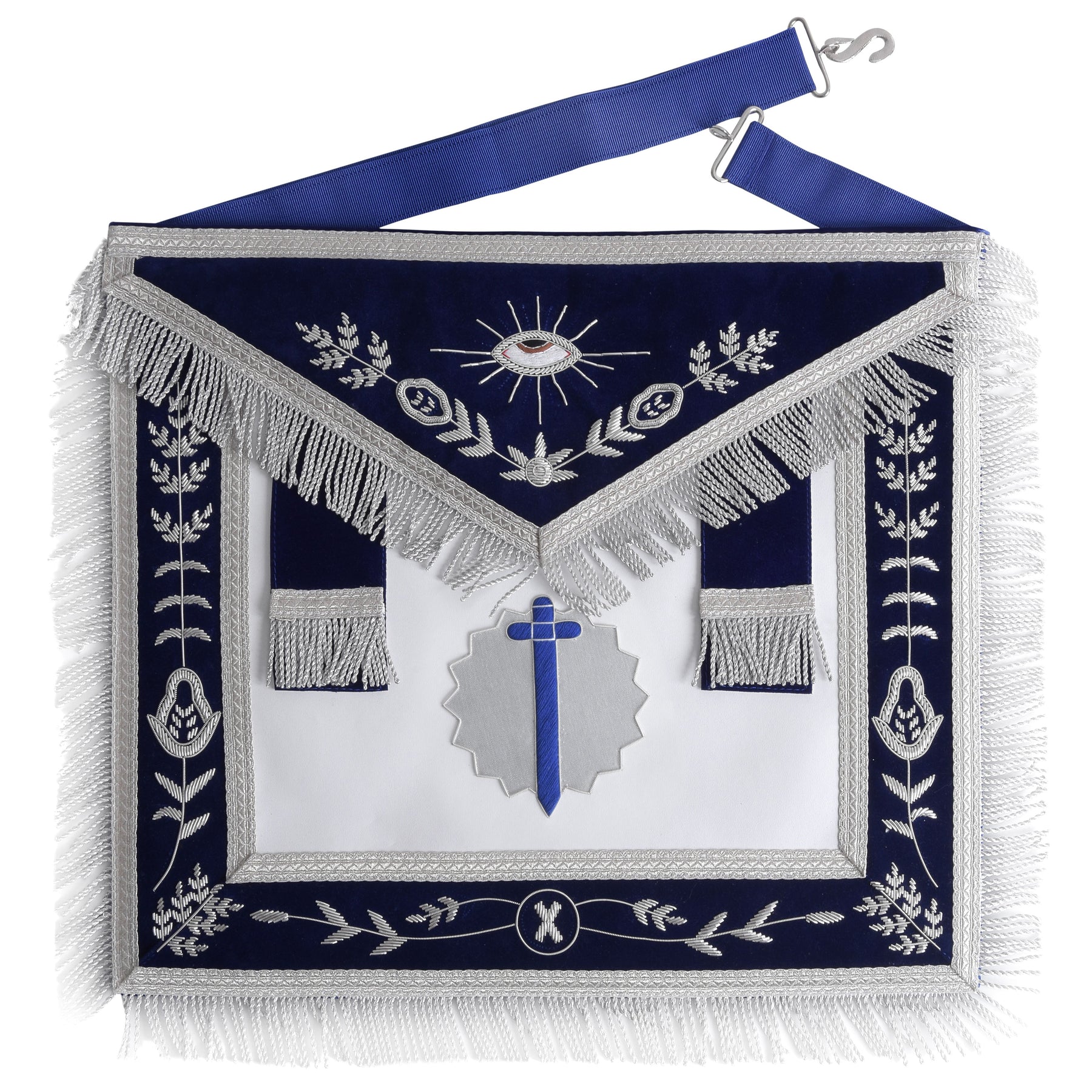Tyler Blue Lodge Officer Apron - Navy Blue Velvet With Silver Fringe - Bricks Masons